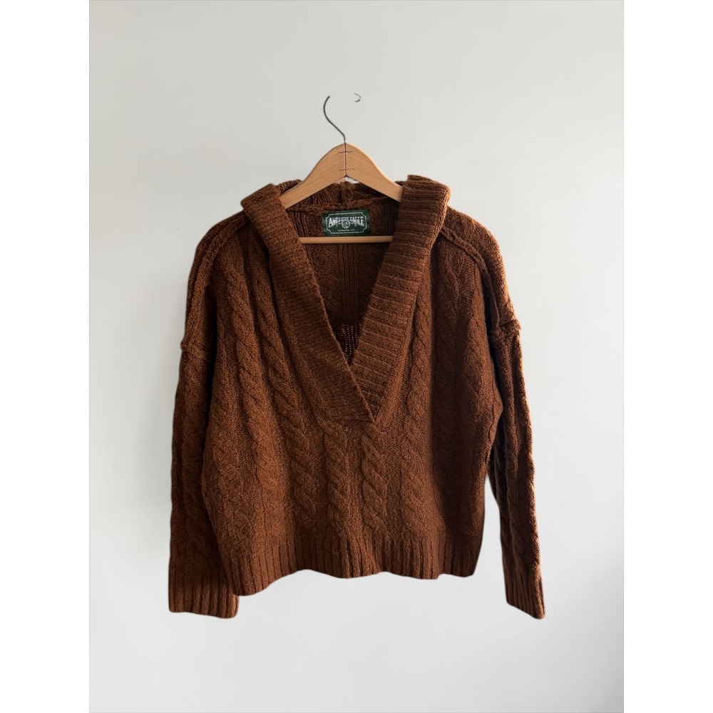 American Eagle Brown Cable Knit Hooded Sweater V-Neck Boho Pullover Small